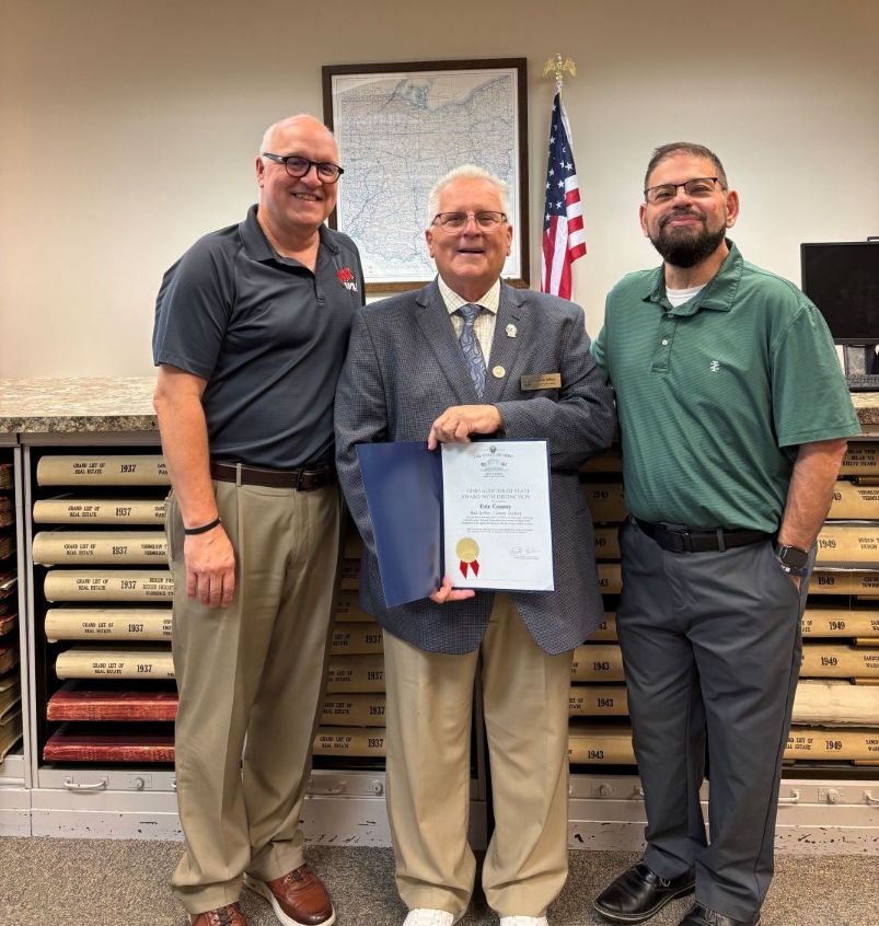 Auditor of State Award - pictured is Auditor Richard Jeffrey, County Commissioner Steve Schoefner and Auditor of State represenative Scott Sands